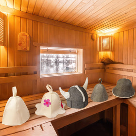 Nicalas sauna hat flowers white, soft wool close-up emphasizing comfort.