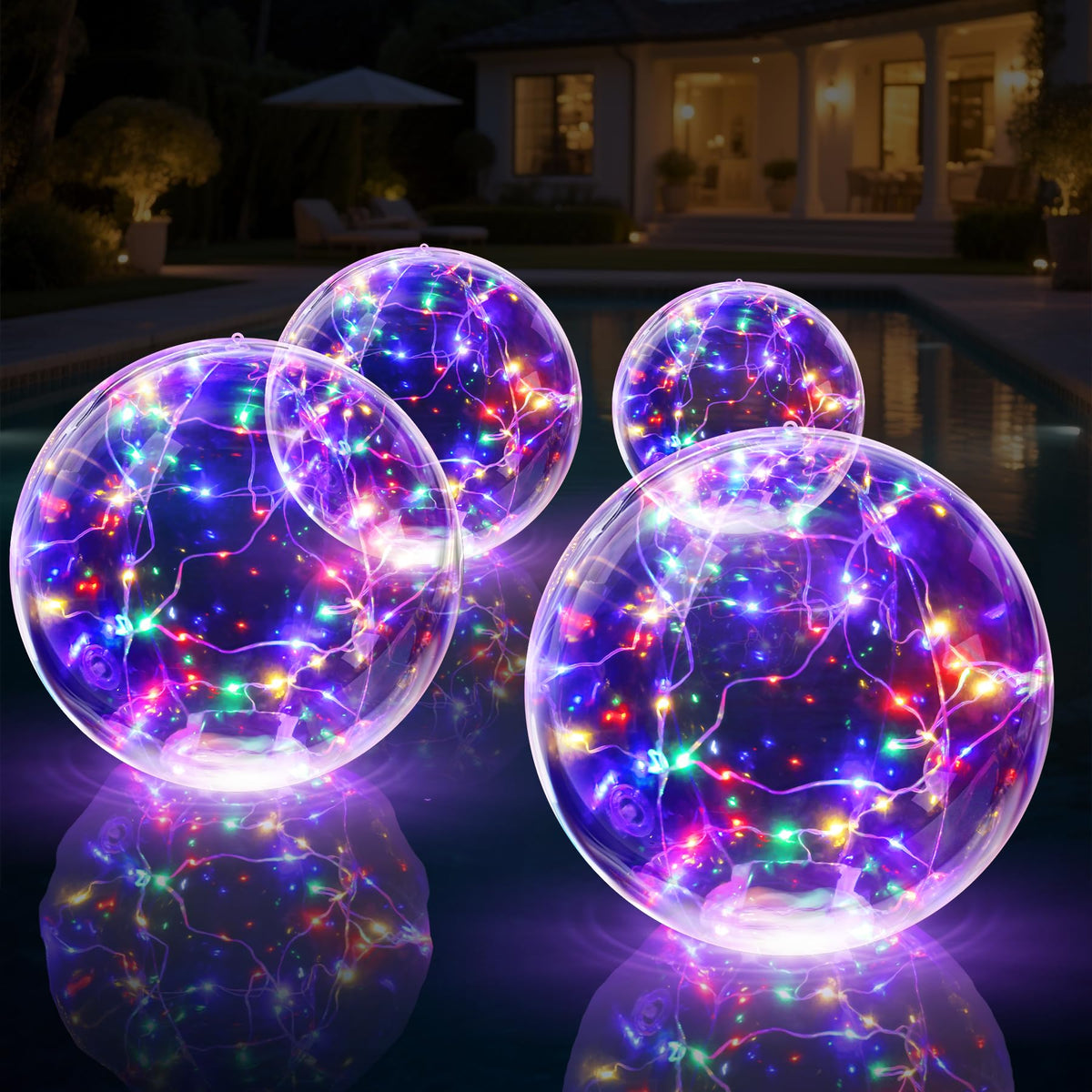 Niceput solar floating pool light globe glows in multi colors for nighttime ambiance.