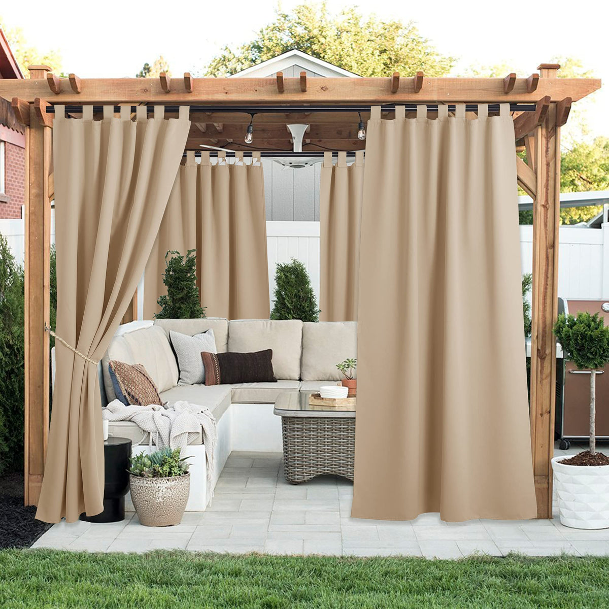NICETOWN detachable tab top outdoor curtains ready to hang on a slim rod