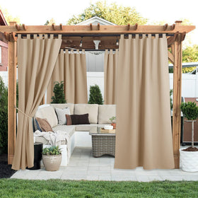 NICETOWN detachable tab top outdoor curtains ready to hang on a slim rod