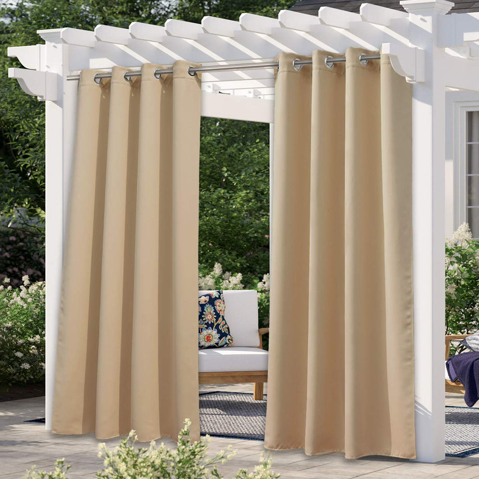 NICETOWN outdoor curtain on patio demonstrates waterproof 95in coverage for durable weather protection.