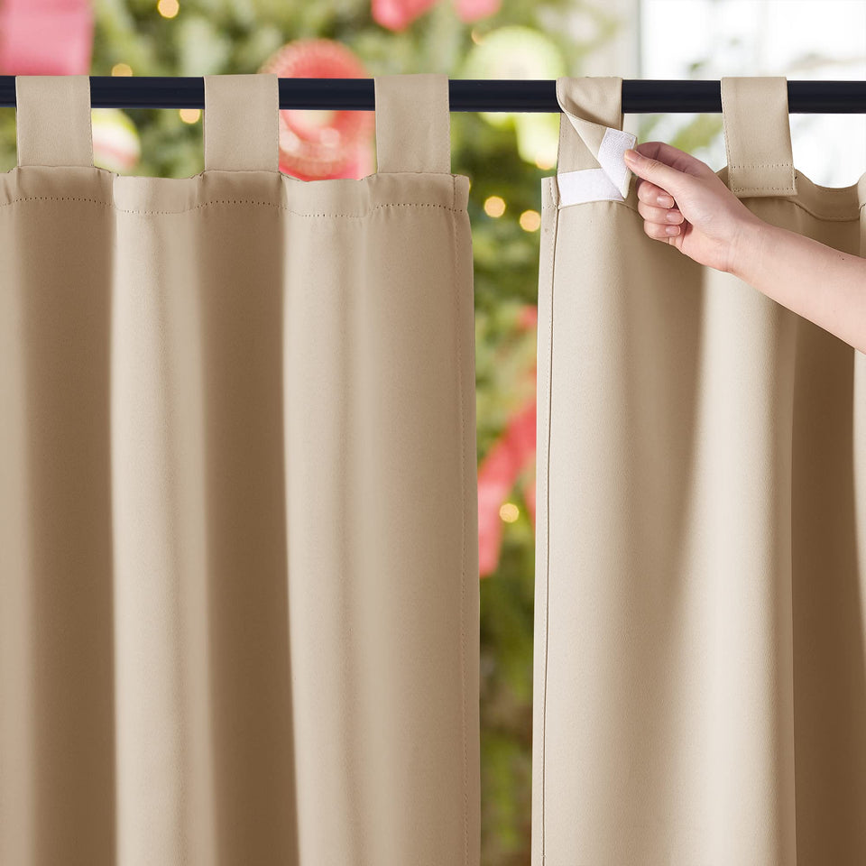 NICETOWN waterproof outdoor curtains in biscotti beige over a patio with rain-ready protection