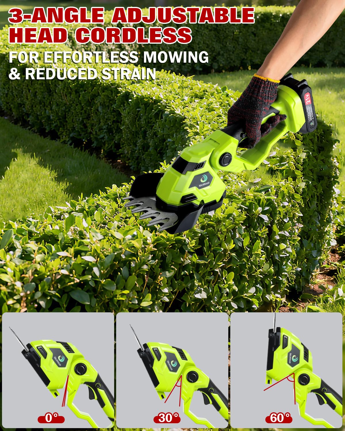Nicklaua adjustable cutting angle for versatile hedge trimming positions.