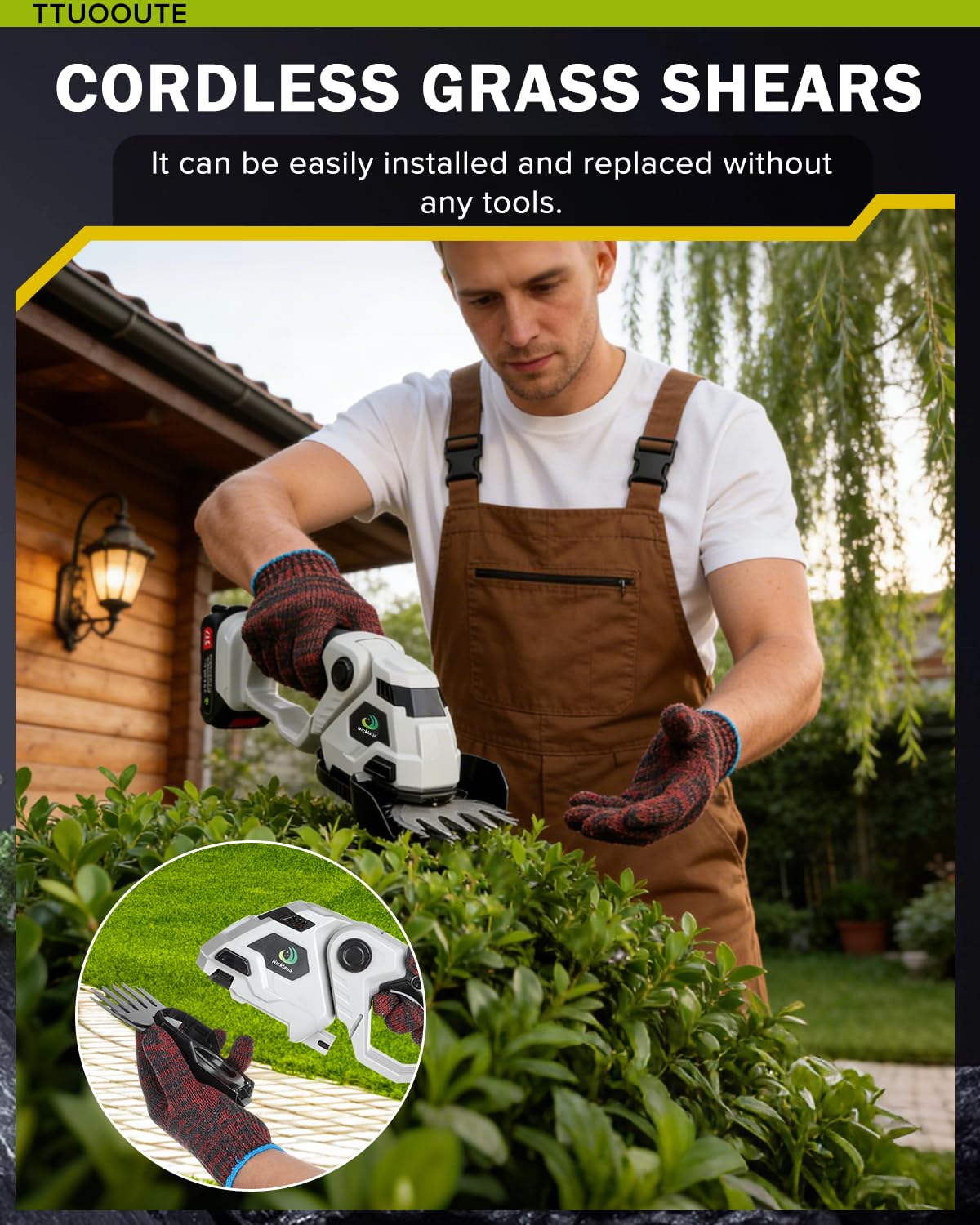 Nicklaua hedge trimmer showing adjustable angle for precise top and side hedges.