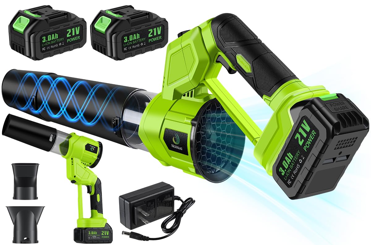 Nicklaua cordless leaf blower with battery pack for extended use.