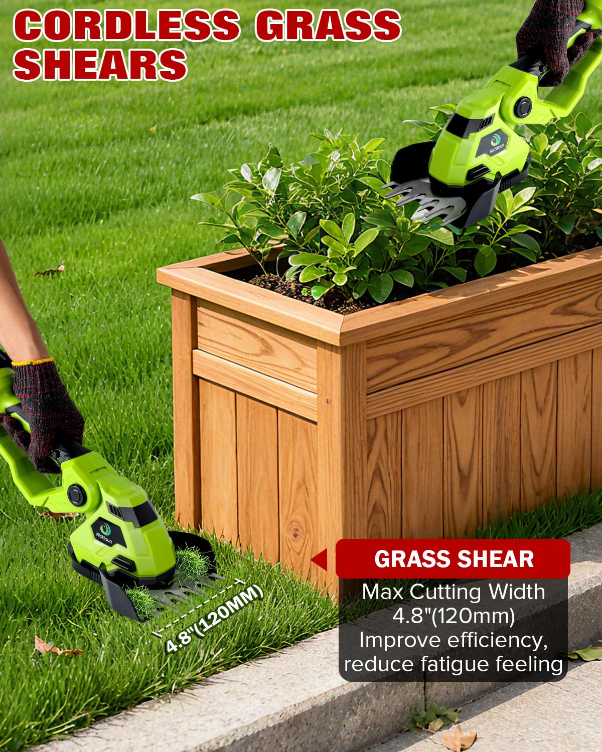Nicklaua grass collector box keeps debris away from plants during trimming.
