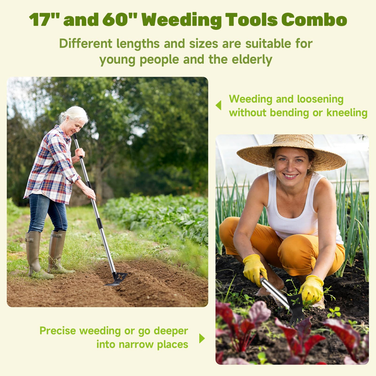 NICOFPHY 17-inch hand weeding tool for precise removal in narrow bed edges.