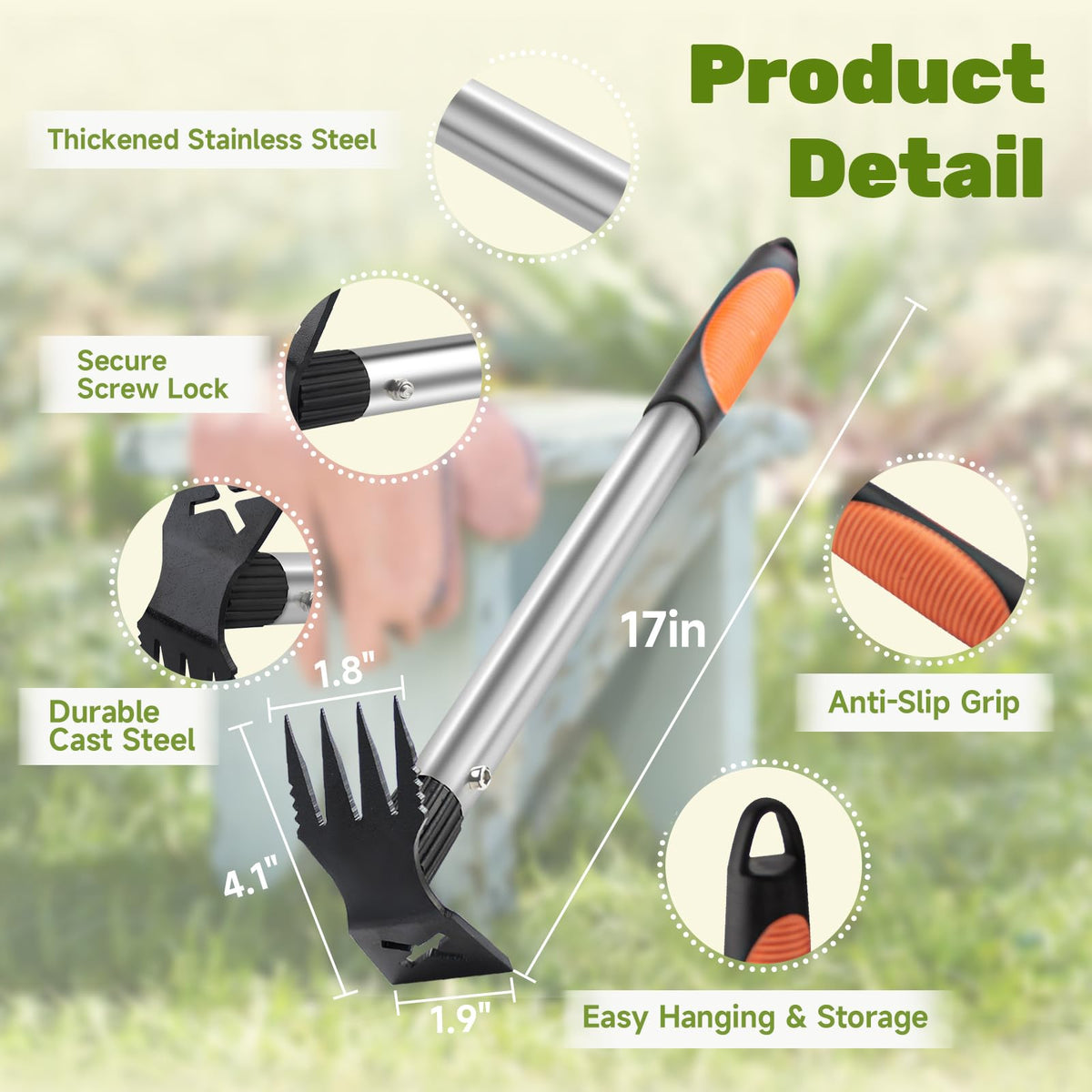 NICOFPHY 17-inch stainless steel handle with non-slip grip for comfortable weeding