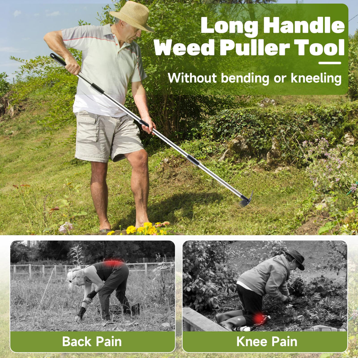 NICOFPHY extended-handle design reduces kneeling while tending beds and borders.