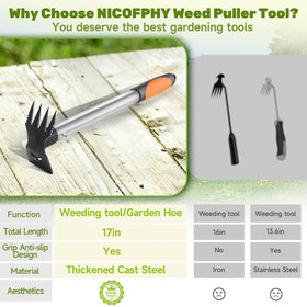 NICOFPHY weed puller shown removing dandelions and crabgrass in a garden