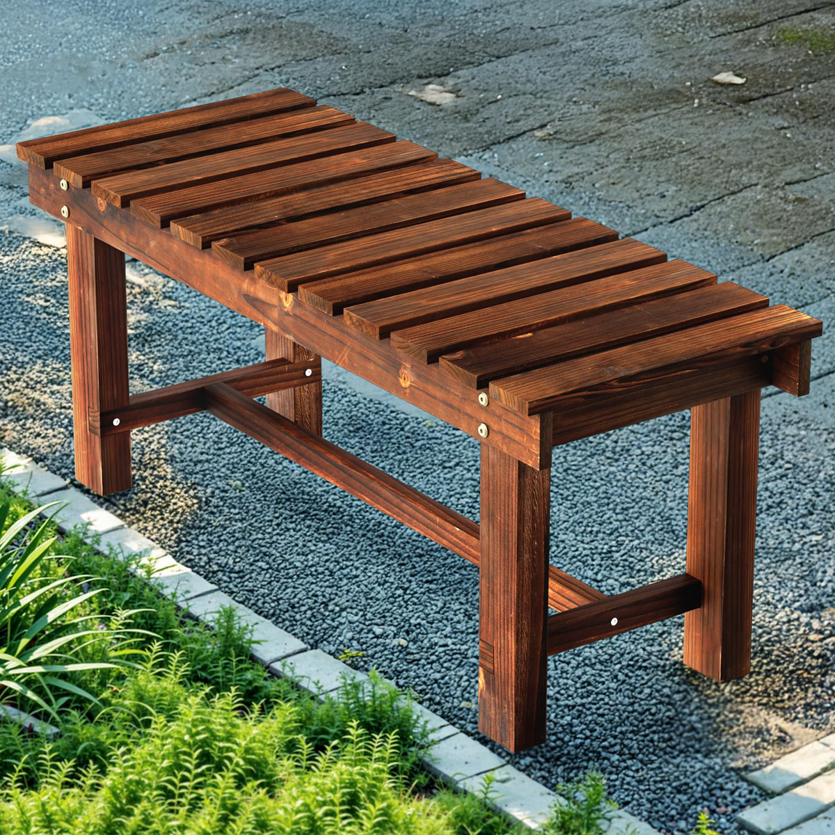Nidouillet 35-5inch outdoor bench front view shows sturdy cedar with weather resistance for patios, two-person seating.