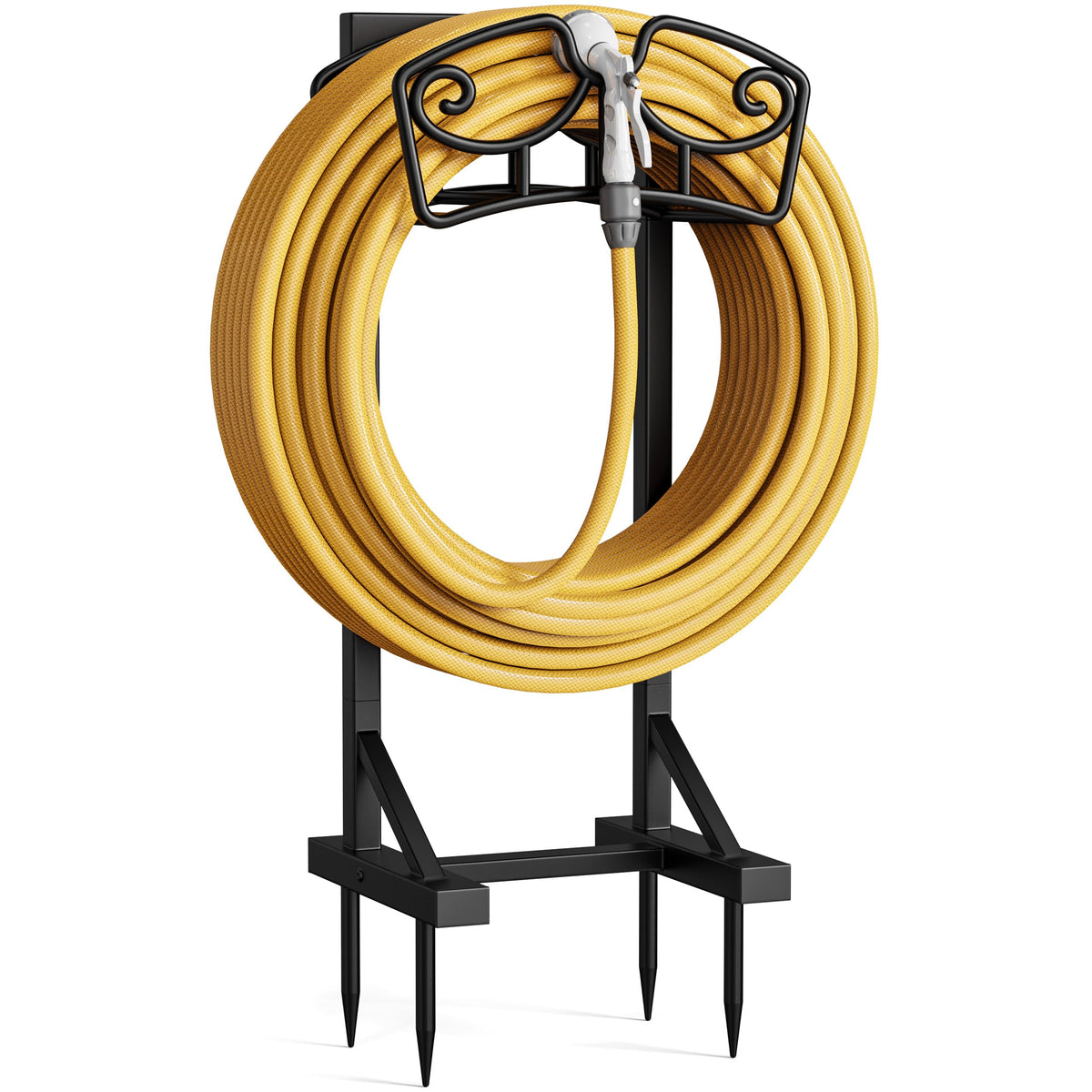 Niffgaff garden hose holder stand, front view, showcasing sturdy freestanding outdoor storage