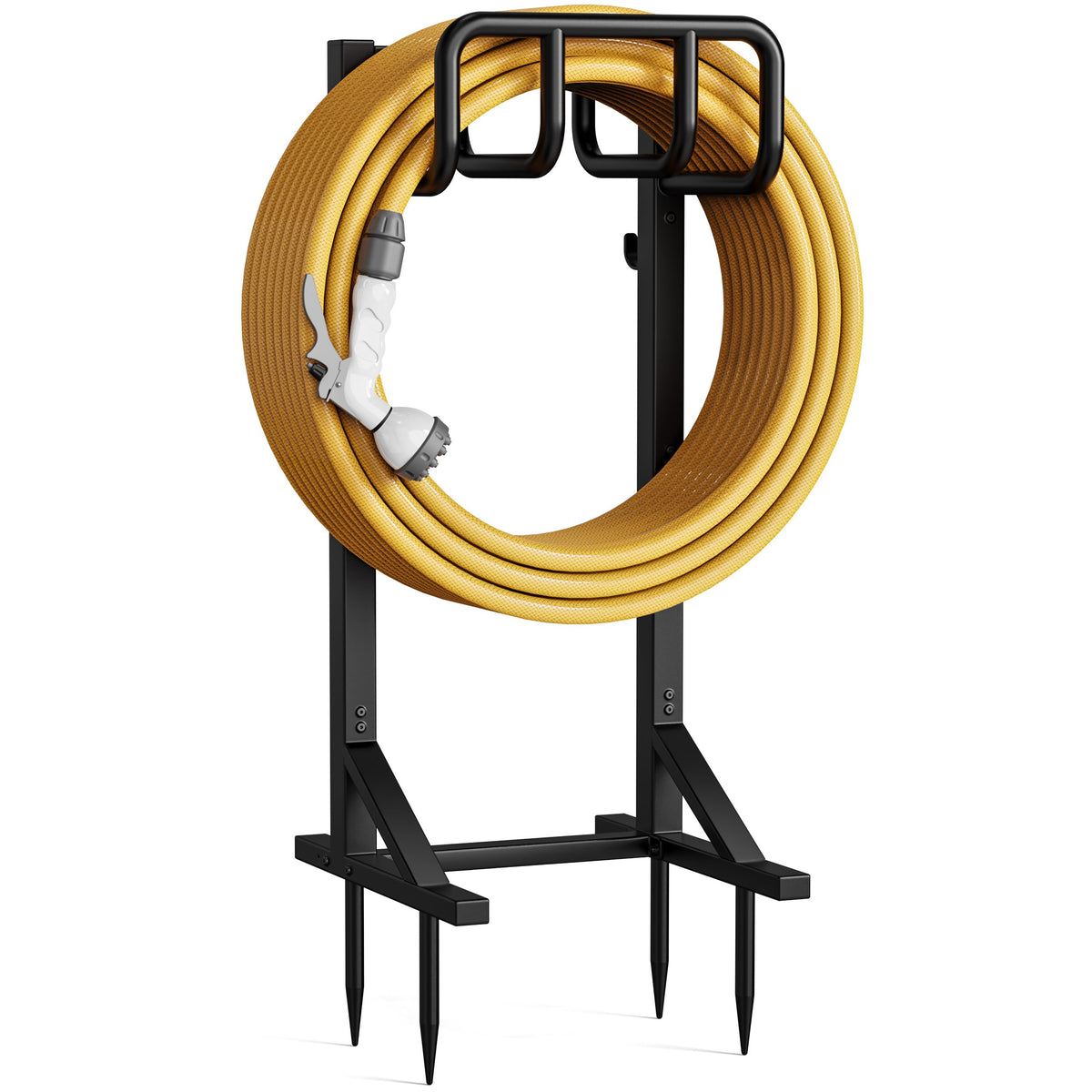 Niffgaff garden hose holder stand from the front showing sturdy frame and basket