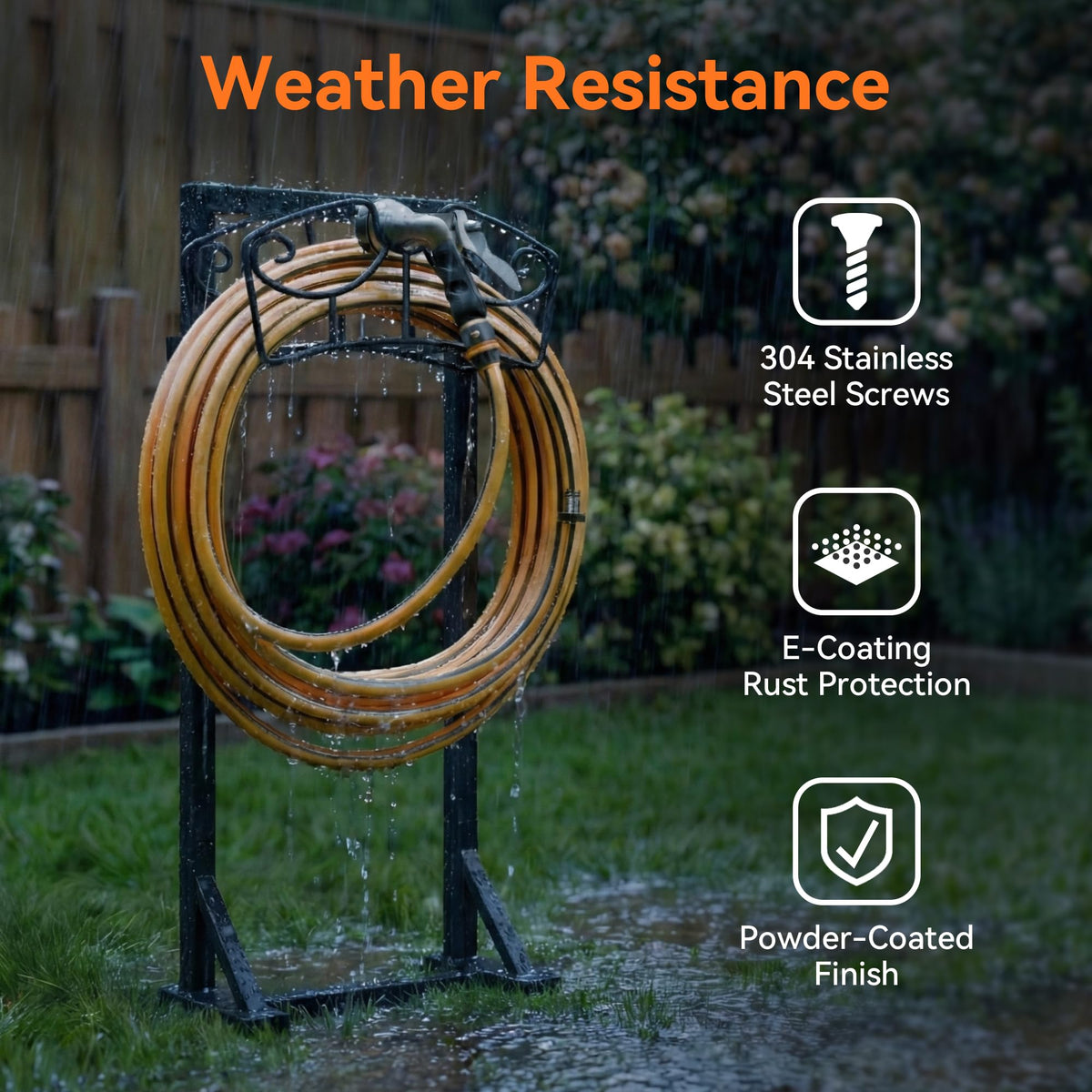 Niffgaff garden hose holder stand, rear view, with stable triangular base