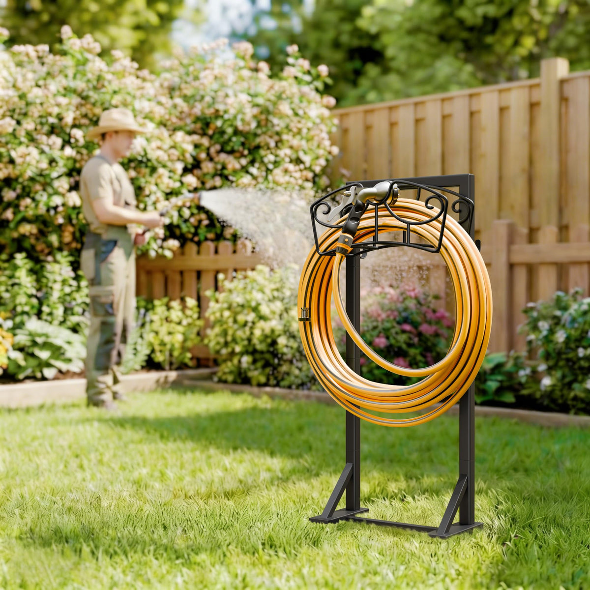 Niffgaff garden hose holder stand, side view, highlighting heavy-duty steel construction