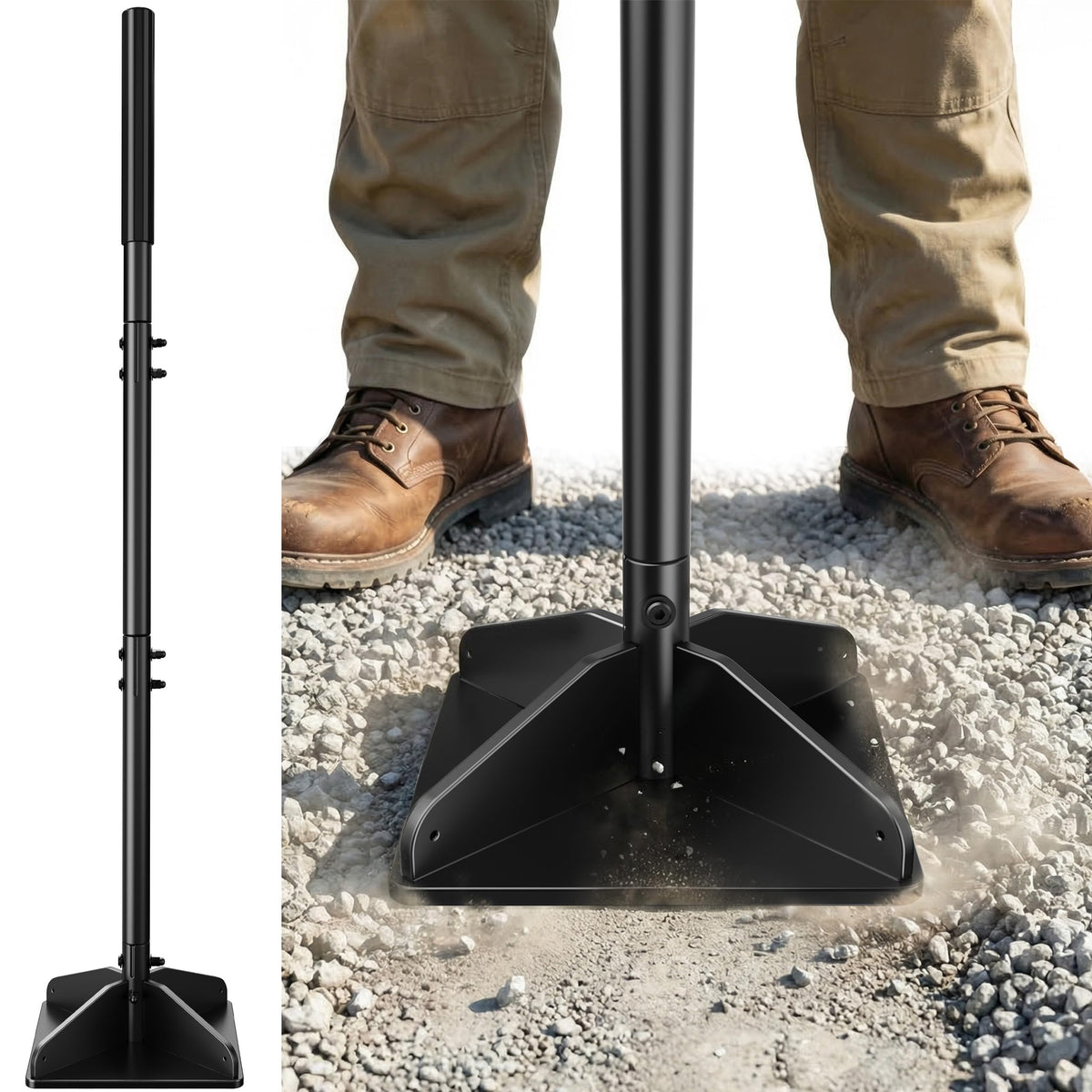 Niffgaff heavy-duty steel tamper front view with 48-inch handle