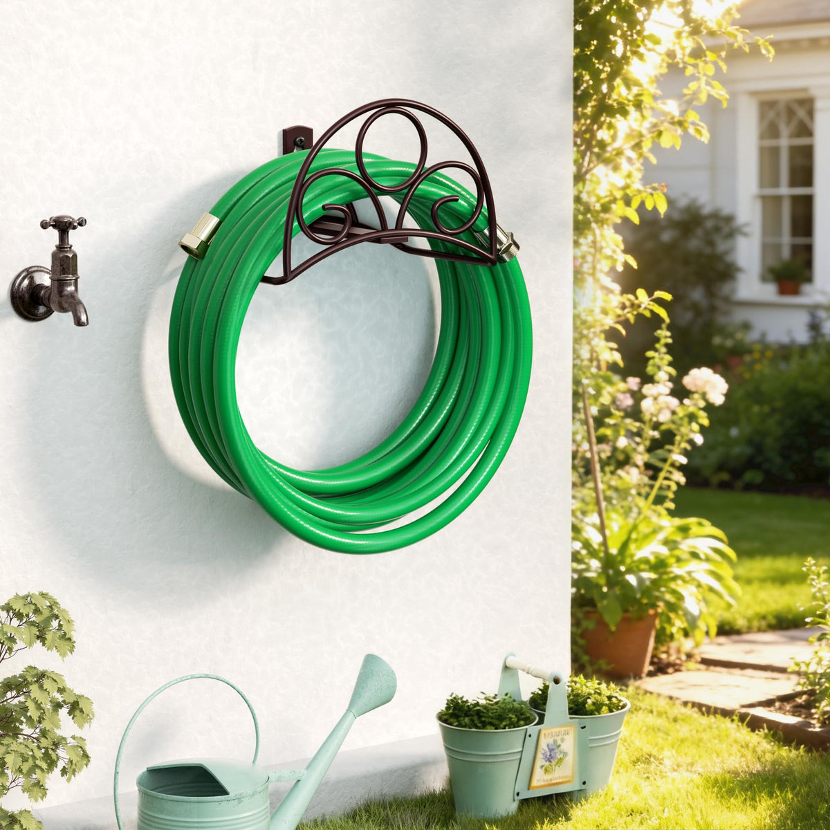 Niffgaff hose holder heavy-duty 70-lb capacity supports hoses outdoors.