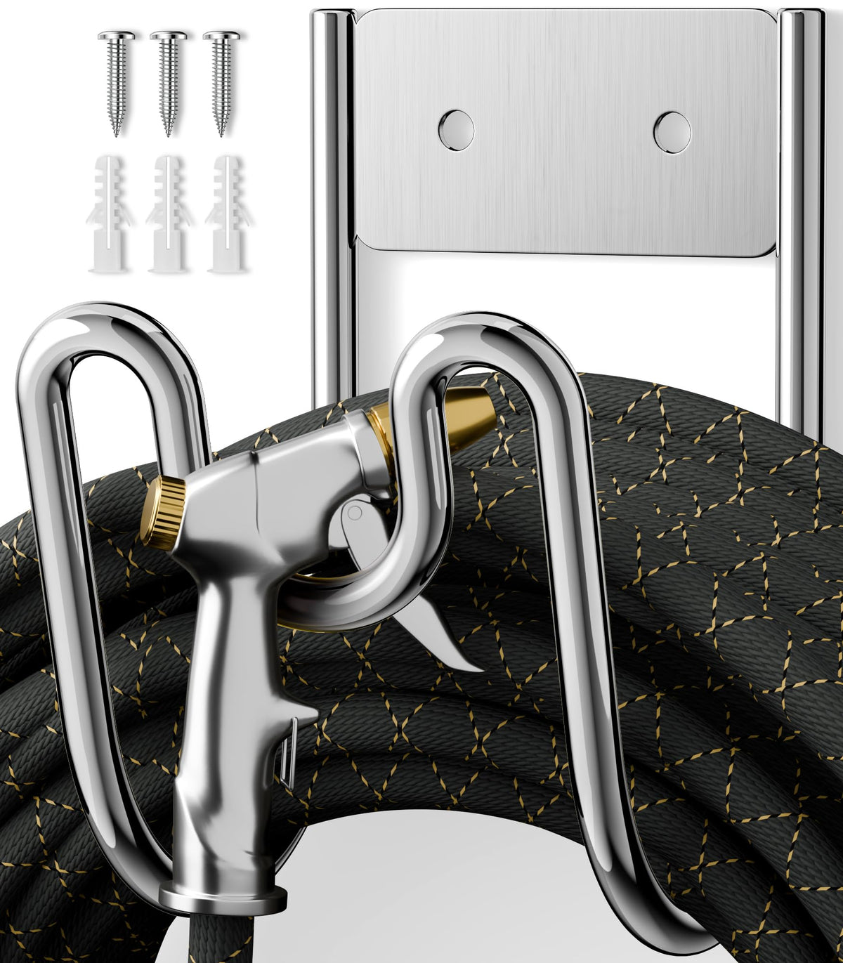 Niffgaff hose holder wall mount in SS304 steel keeps hoses neatly stored outdoors.