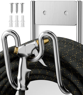 Niffgaff hose holder wall mount in SS304 steel keeps hoses neatly stored outdoors.