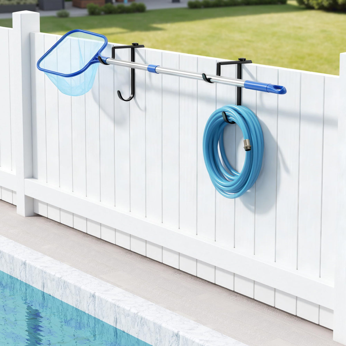 Niffgaff pool hanger on fence provides convenient rack for skimmers and hoses