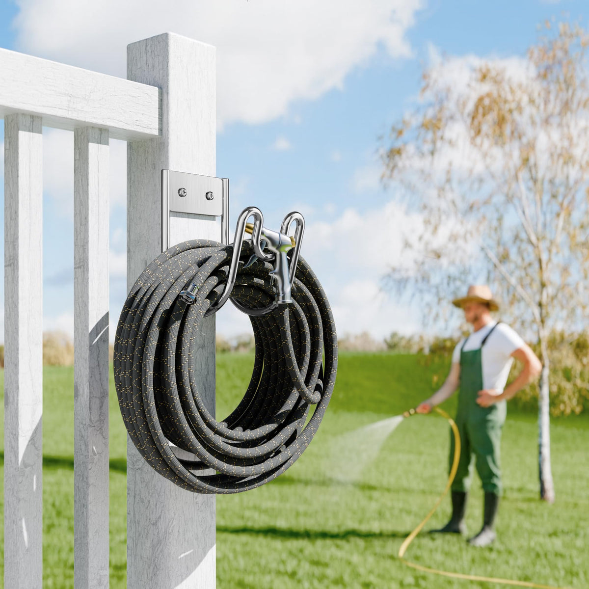 Niffgaff stainless steel hose hanger with brushed finish for durable outdoor organization.