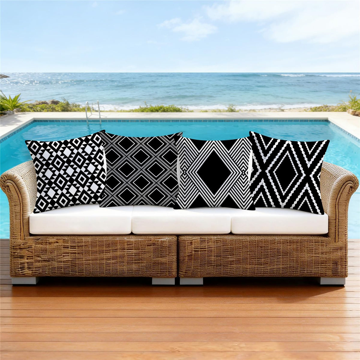 Nightwish pillow cover with reversible geometry print for outdoor styling.