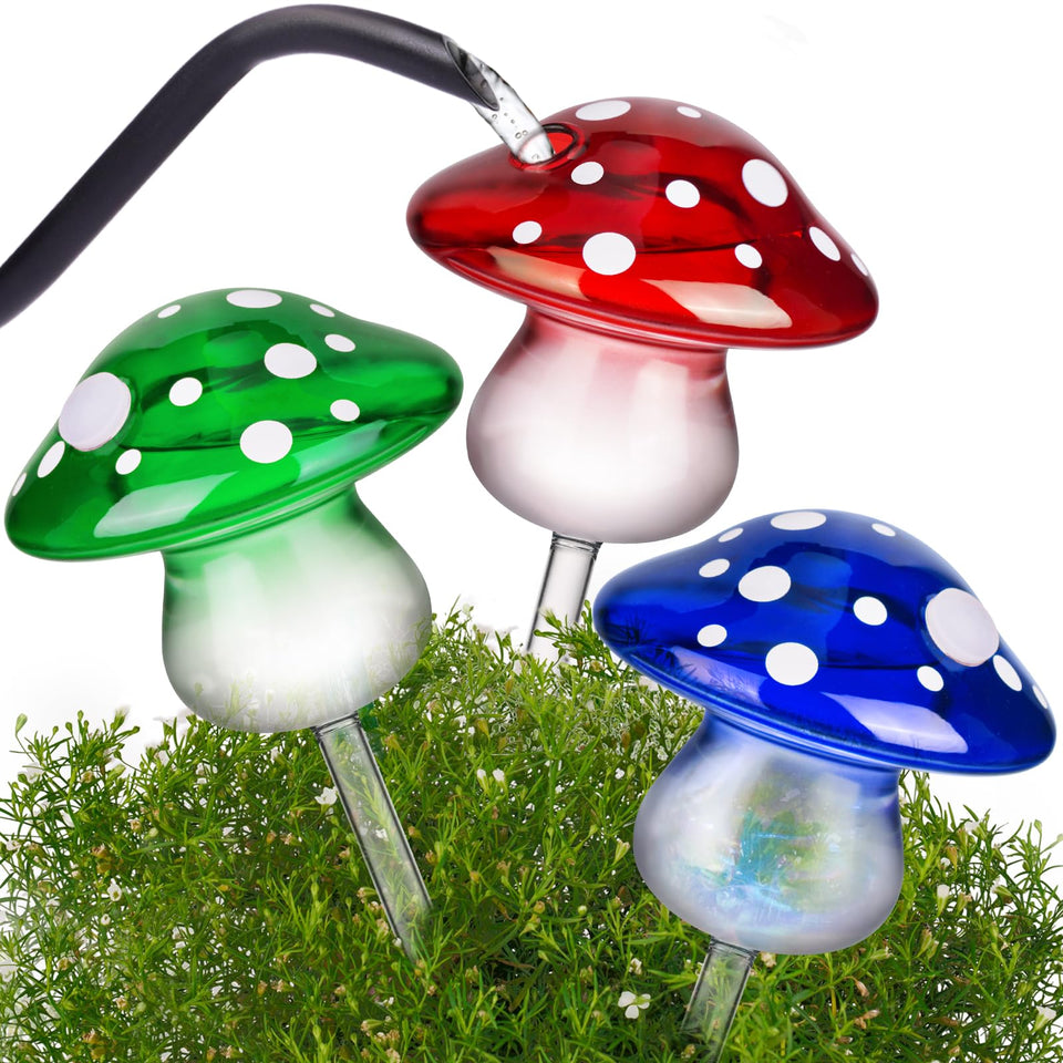 NiHome red mushroom glass bulb close-up for steady hydration of houseplants.