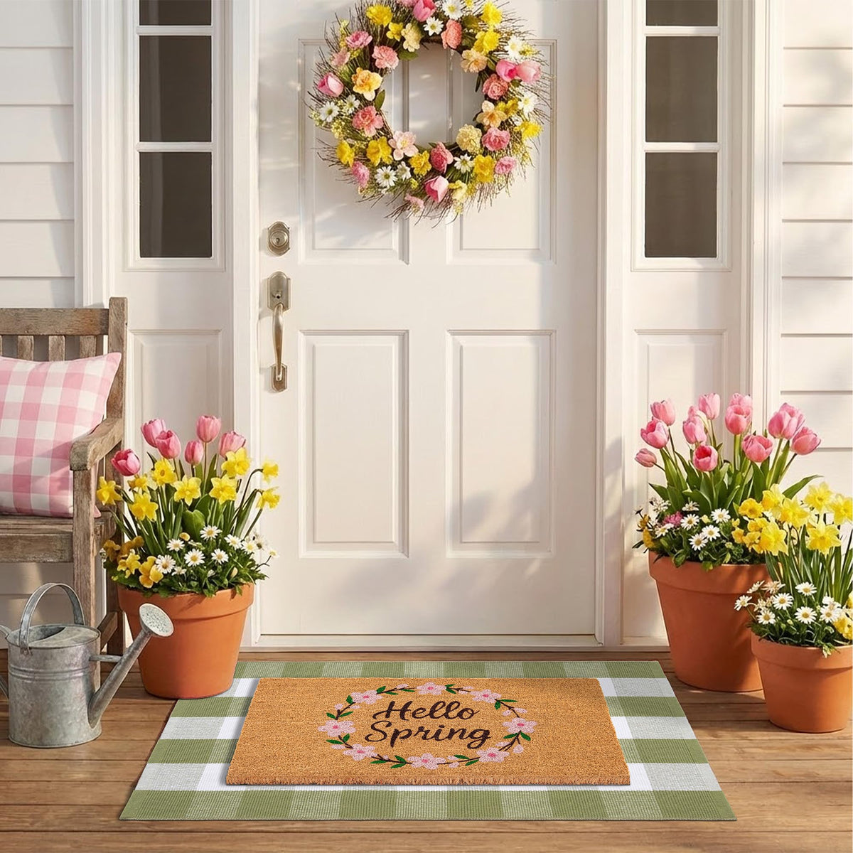 NIIKOOS spring door mat with coir wreath layered on plaid rug for farmhouse entry