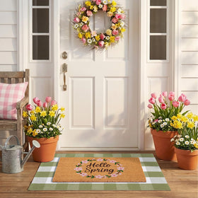 NIIKOOS spring door mat with coir wreath layered on plaid rug for farmhouse entry