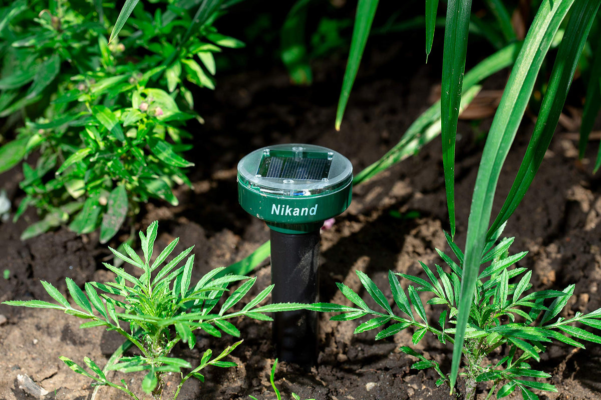 NIKAND Gopher Repellent Ultrasonic Solar Powered stake family-safe pest deterrence in outdoor spaces.