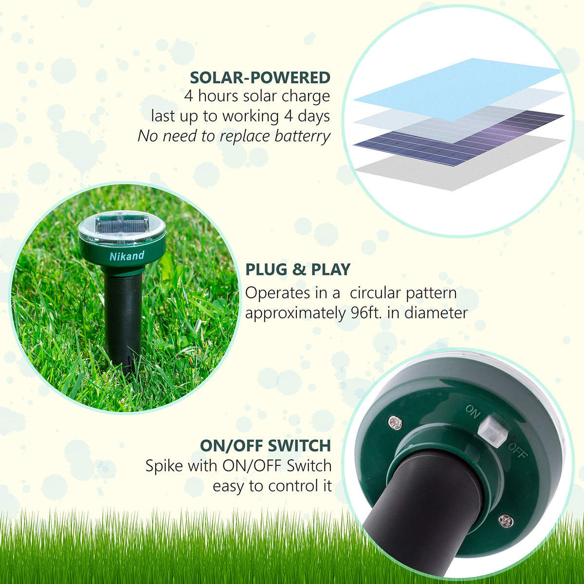 NIKAND Gopher Repellent Ultrasonic Solar Powered stake on ground showing weatherproof construction.