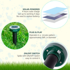 NIKAND Gopher Repellent Ultrasonic Solar Powered stake on ground showing weatherproof construction.