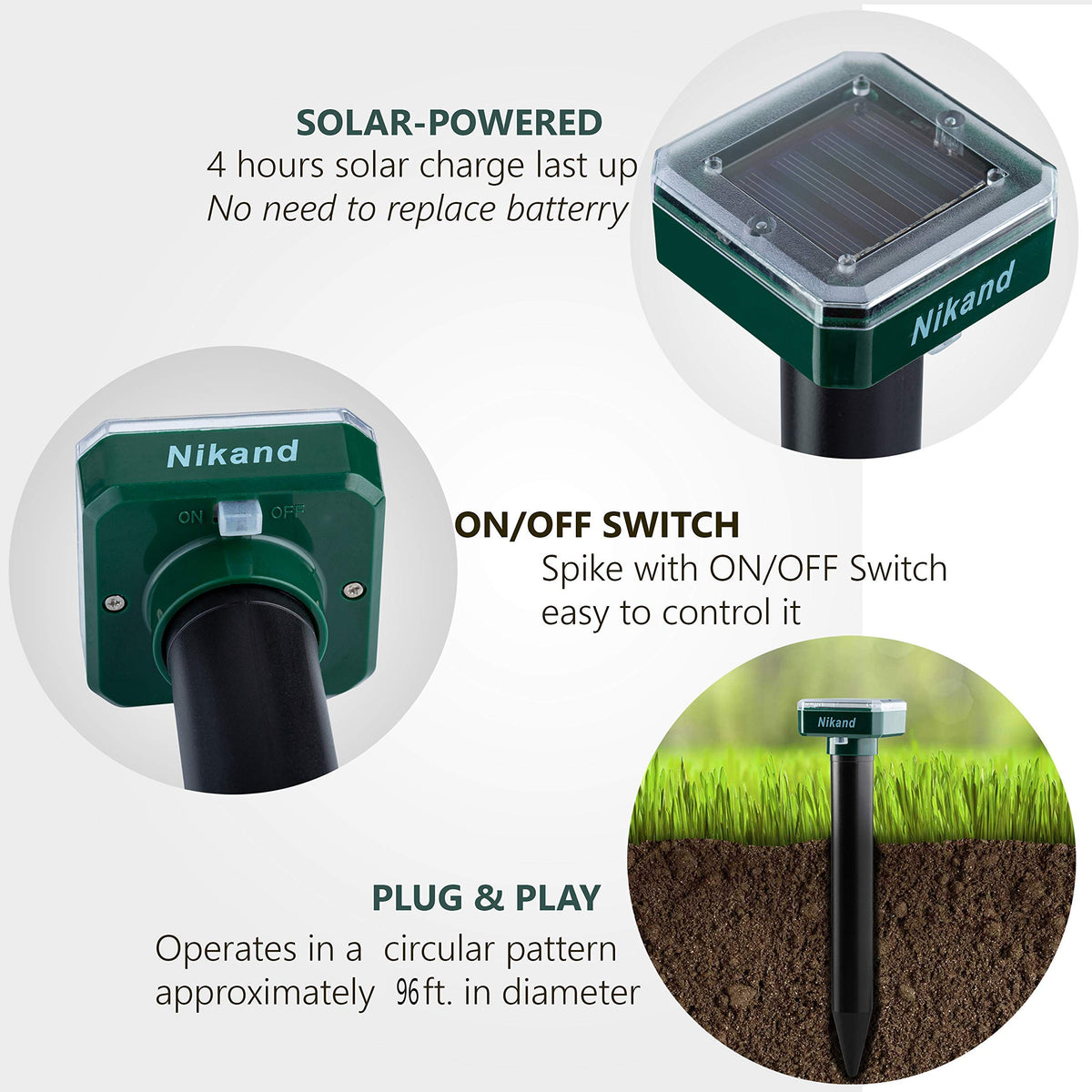 NIKAND Solar Mole Repellent close-up shows rugged waterproof casing built for all-weather use