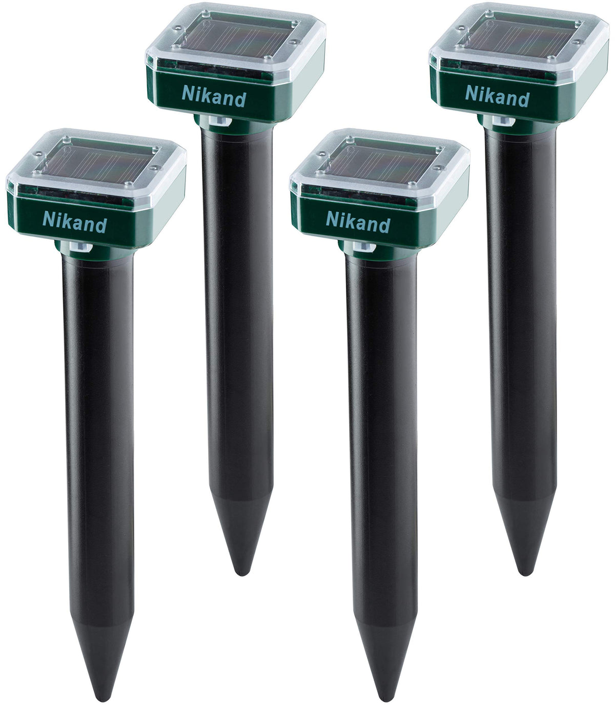 NIKAND Solar Mole Repellent 4-pack ready for front yard installation to deter burrowing pests