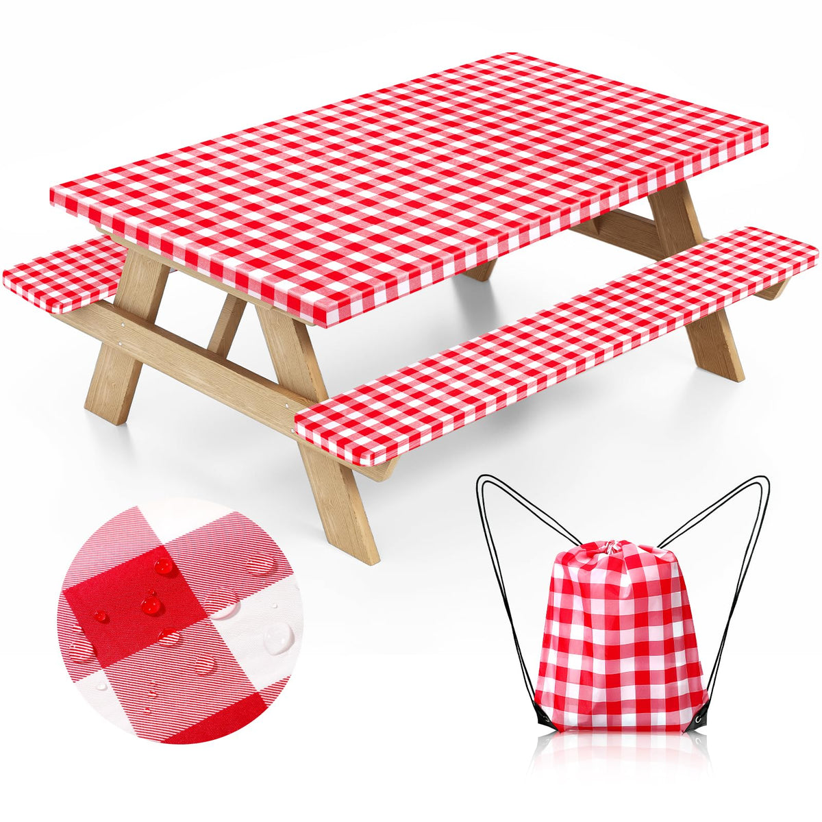 Nimalpal picnic table cover with bench covers in red protecting outdoor dining space