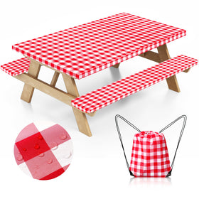 Nimalpal picnic table cover with bench covers in red protecting outdoor dining space