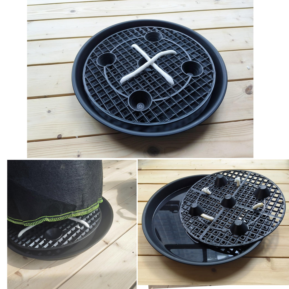 NIMYAU saucer transfers water to nonwoven grow bags to promote even moisture.