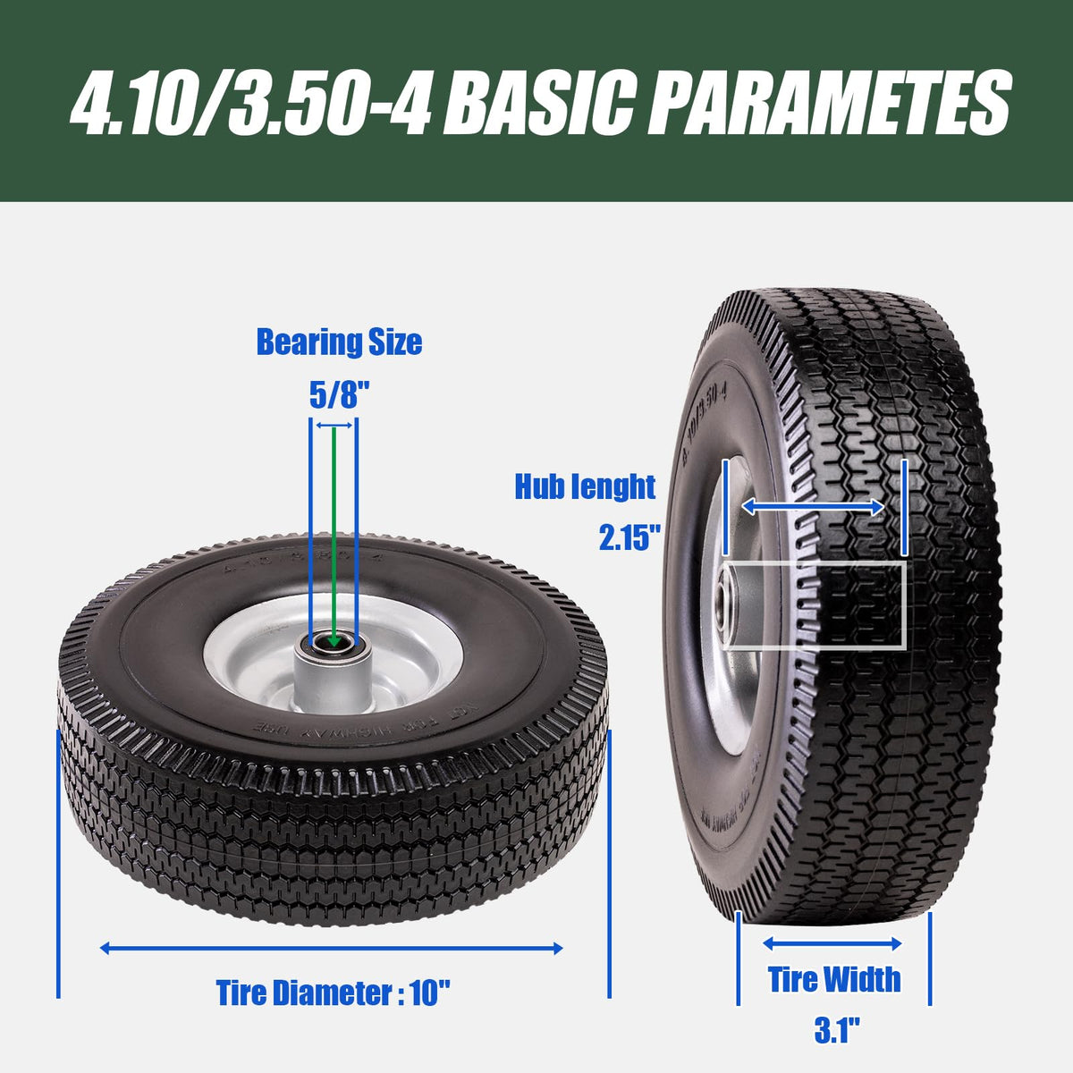 NING SHUO flat-free tire side profile shows rugged construction for outdoor chores