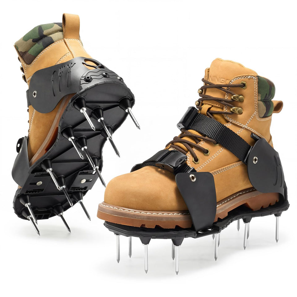 NINGO pre-assembled lawn aerator shoes ready to wear for quick, mess-free lawn care.