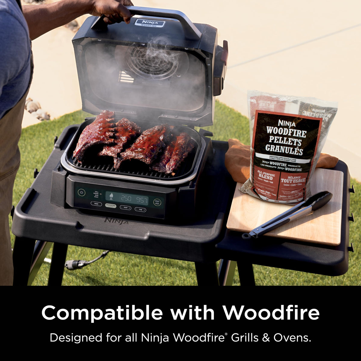Ninja Woodfire grill setup showing pellet feed and flavor focus.