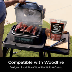 Ninja Woodfire grill setup showing pellet feed and flavor focus.