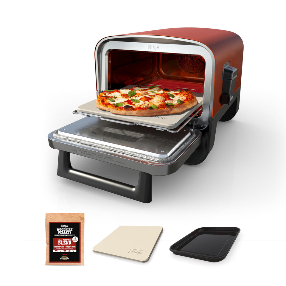 Ninja Woodfire outdoor pizza oven front view for compact backyard cooking.