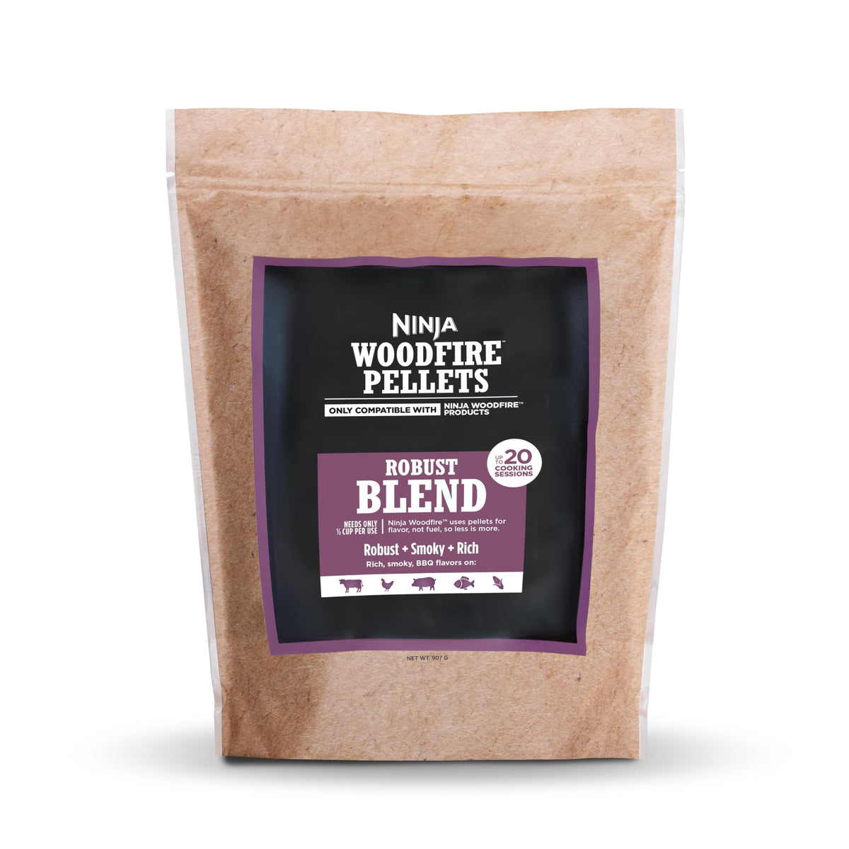 Ninja Woodfire pellets Robust Blend 2-lb bag for rich, BBQ-smoked flavor.