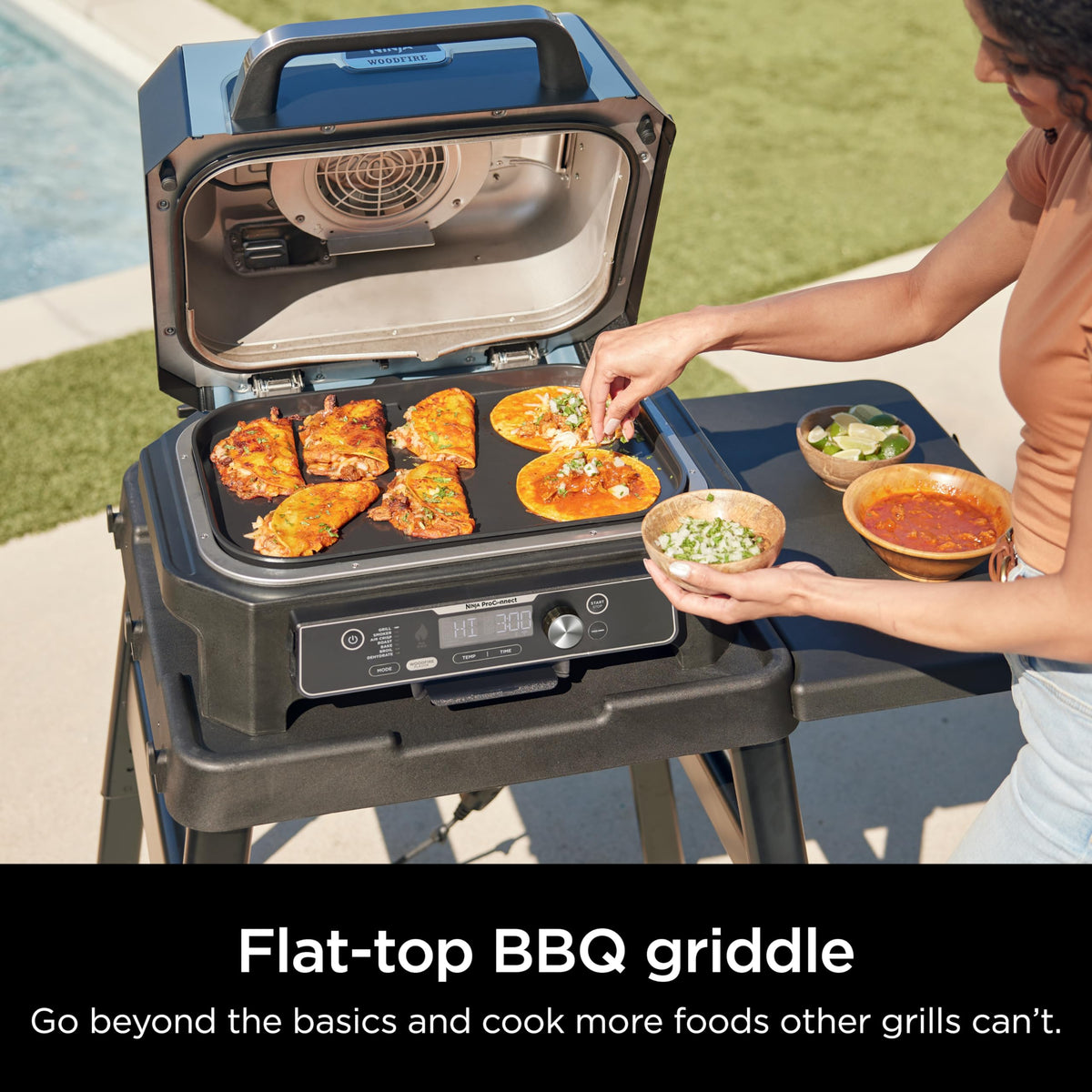Ninja Woodfire Premium Griddle Plate close-up of ceramic nonstick coating for easy cleaning.