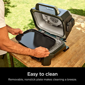 Ninja Woodfire Premium Griddle Plate showing woodfire flavor infusion while grilling.