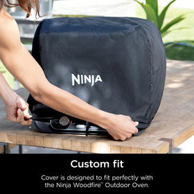 Ninja Woodfire Premium Cover back view highlights elastic edge and drawstrings