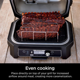 Ninja Woodfire Rib Rack lifting ribs to promote even bark development