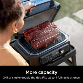 Ninja Woodfire Rib Rack shows four-rack capacity for family meals