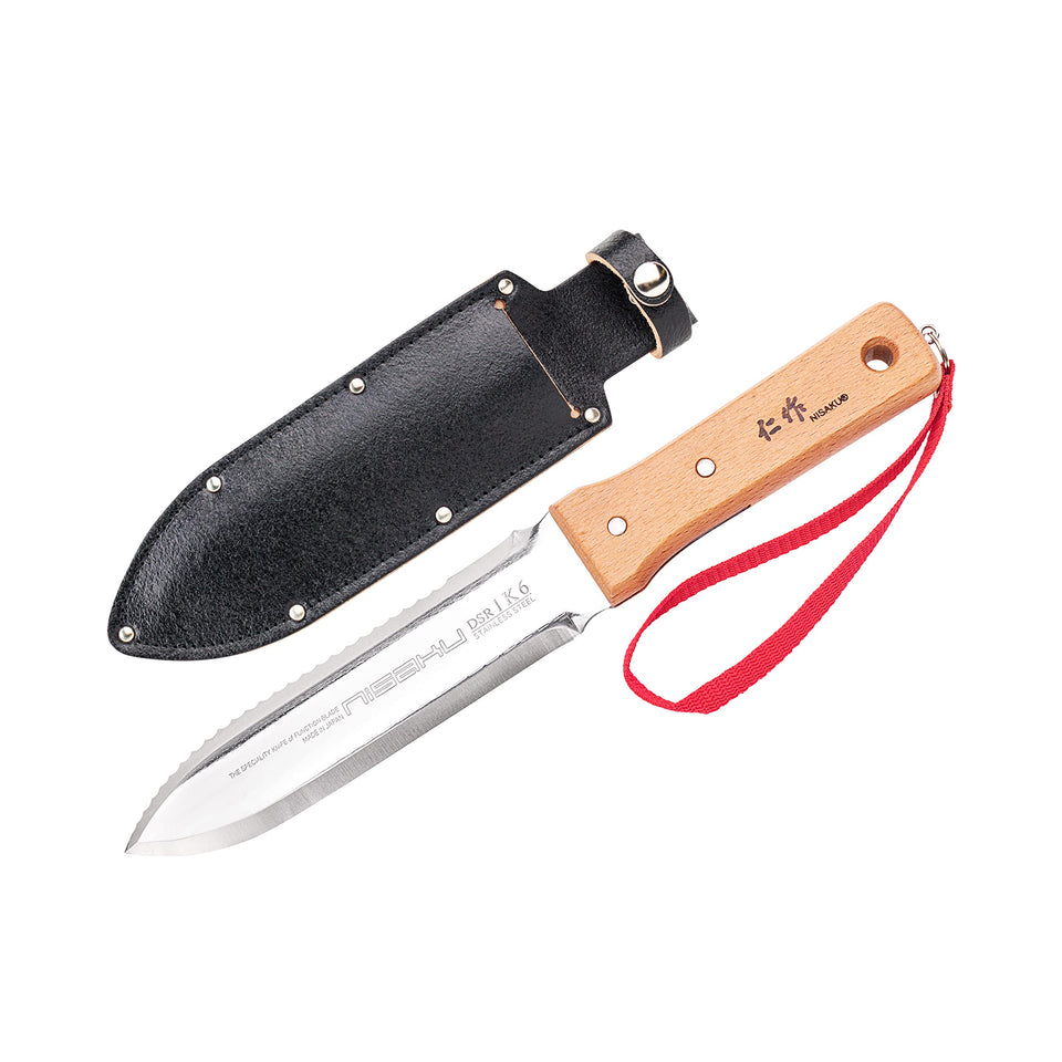 Nisaku NJP651 hori weeding knife blade close-up shows durable hardened steel for long-lasting gardening.