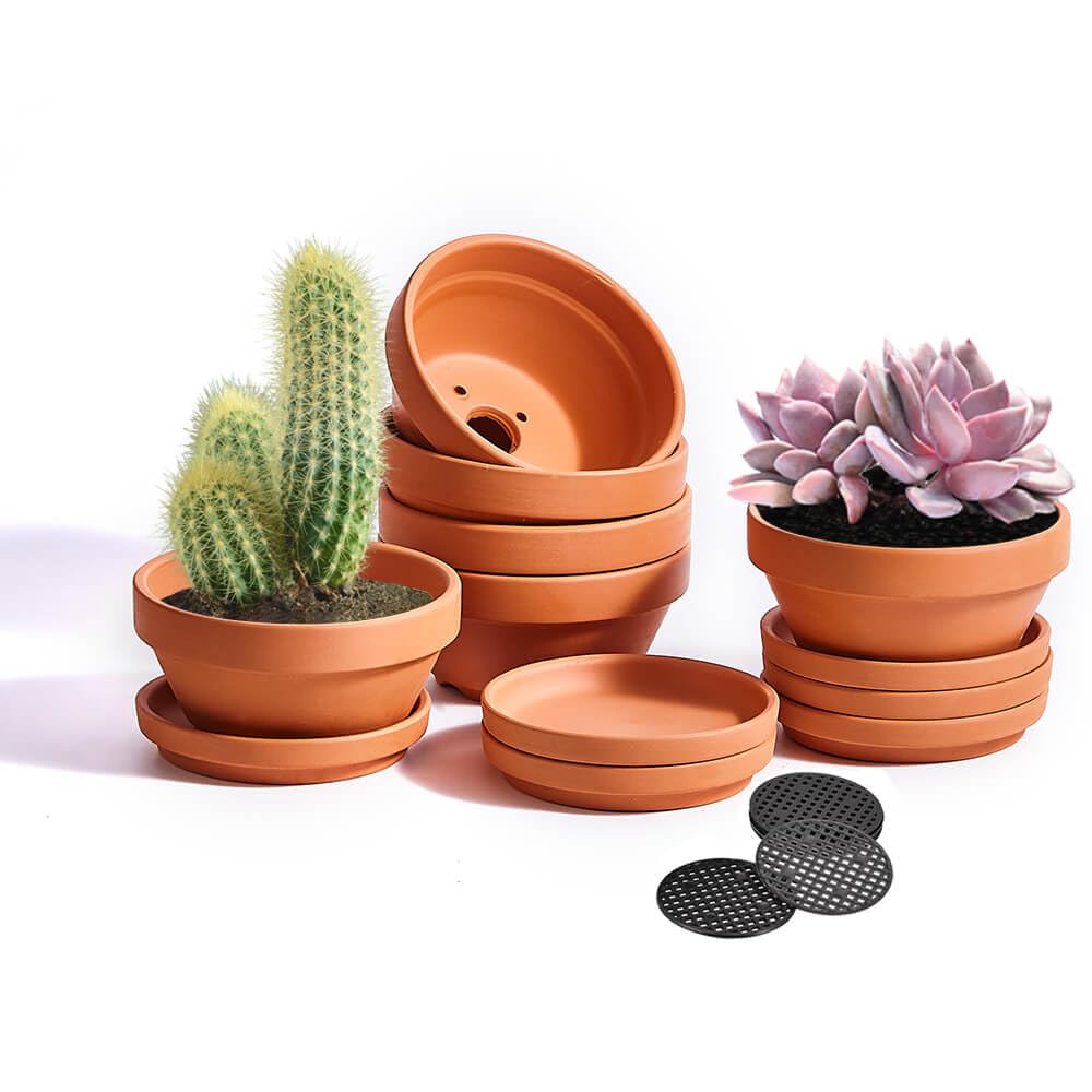 NiSevenLiving 5-inch shallow terracotta pot close-up highlighting breathable clay texture ideal for succulents.